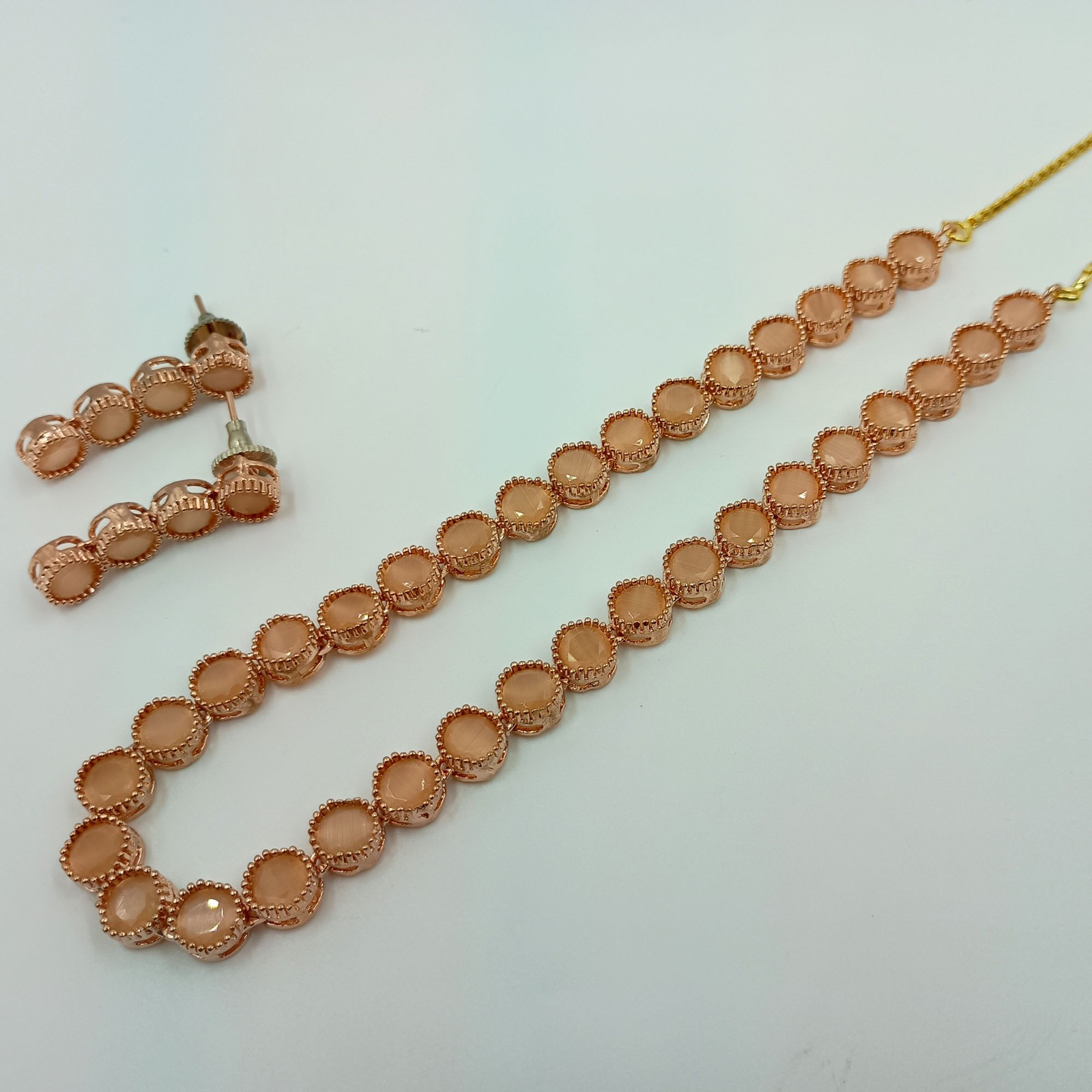 22K Gold Plated Peach Moonstone Bridal Necklace & Earrings Set India Jewelry