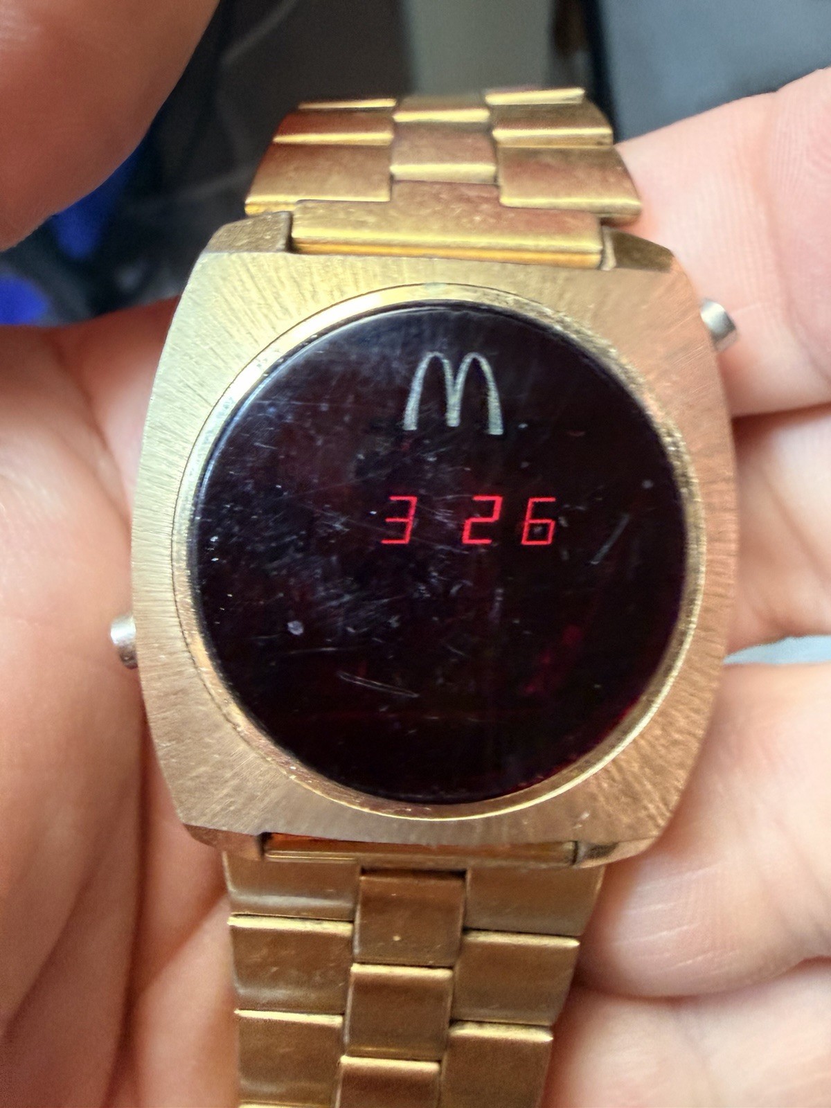 Vtg 1970s McDonald’s Red LED Digital Watch Gold Tone Rare Electronic Solid State
