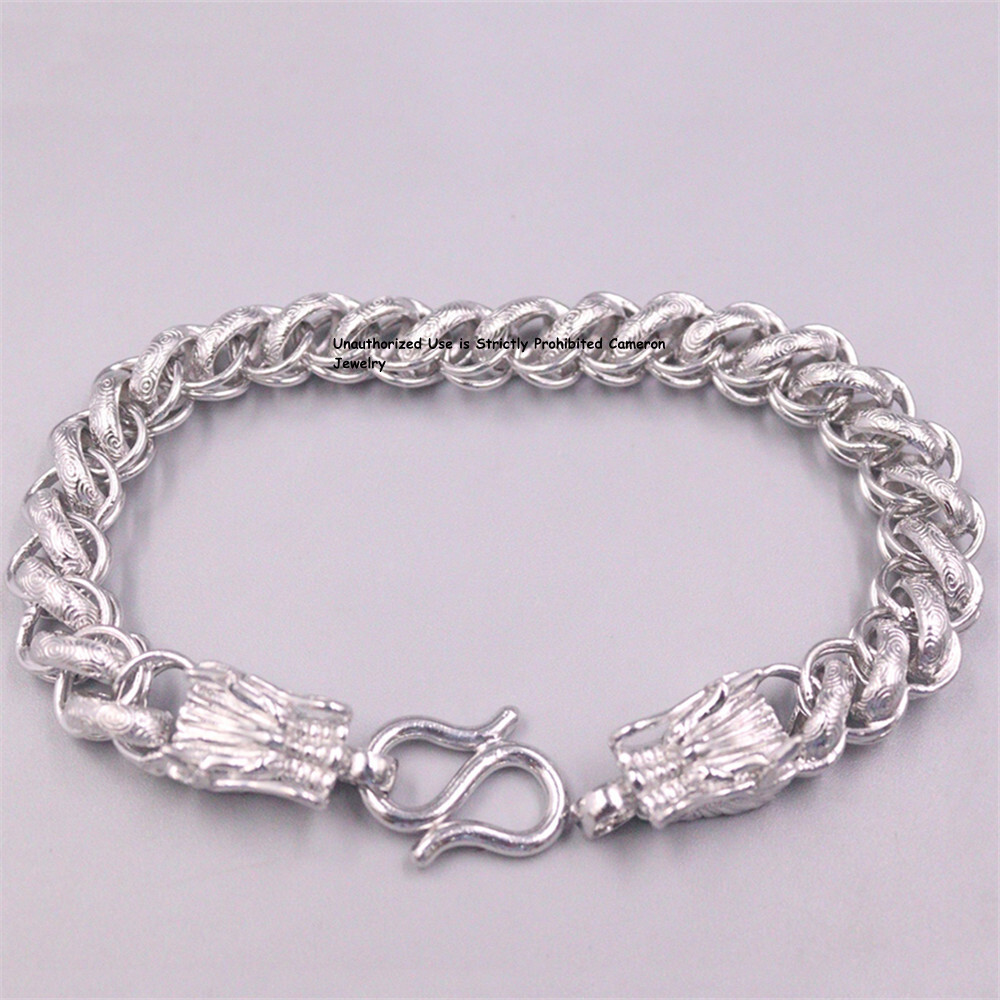 Pure S999 Fine Silver Link Chain Men 10mm Dragon Thailand Bracelet 34-35g 8.3in
