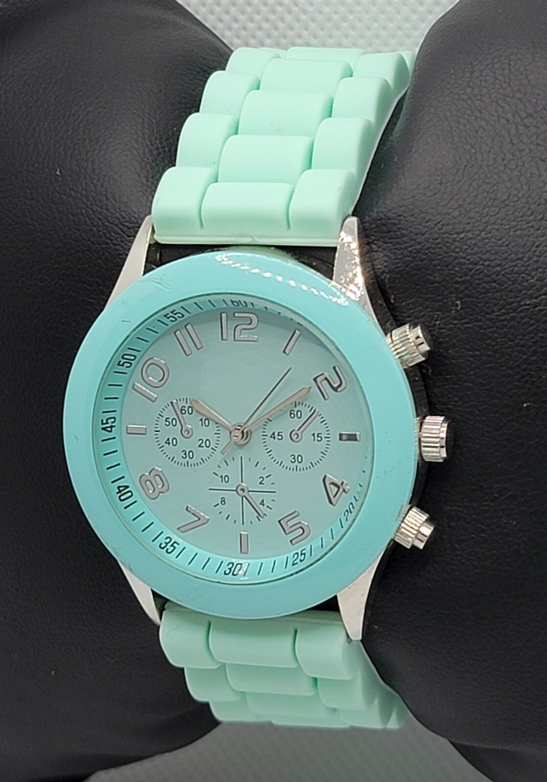 Ladies Darice Silver Tone Mint Green Poly Band Analog Watch F9