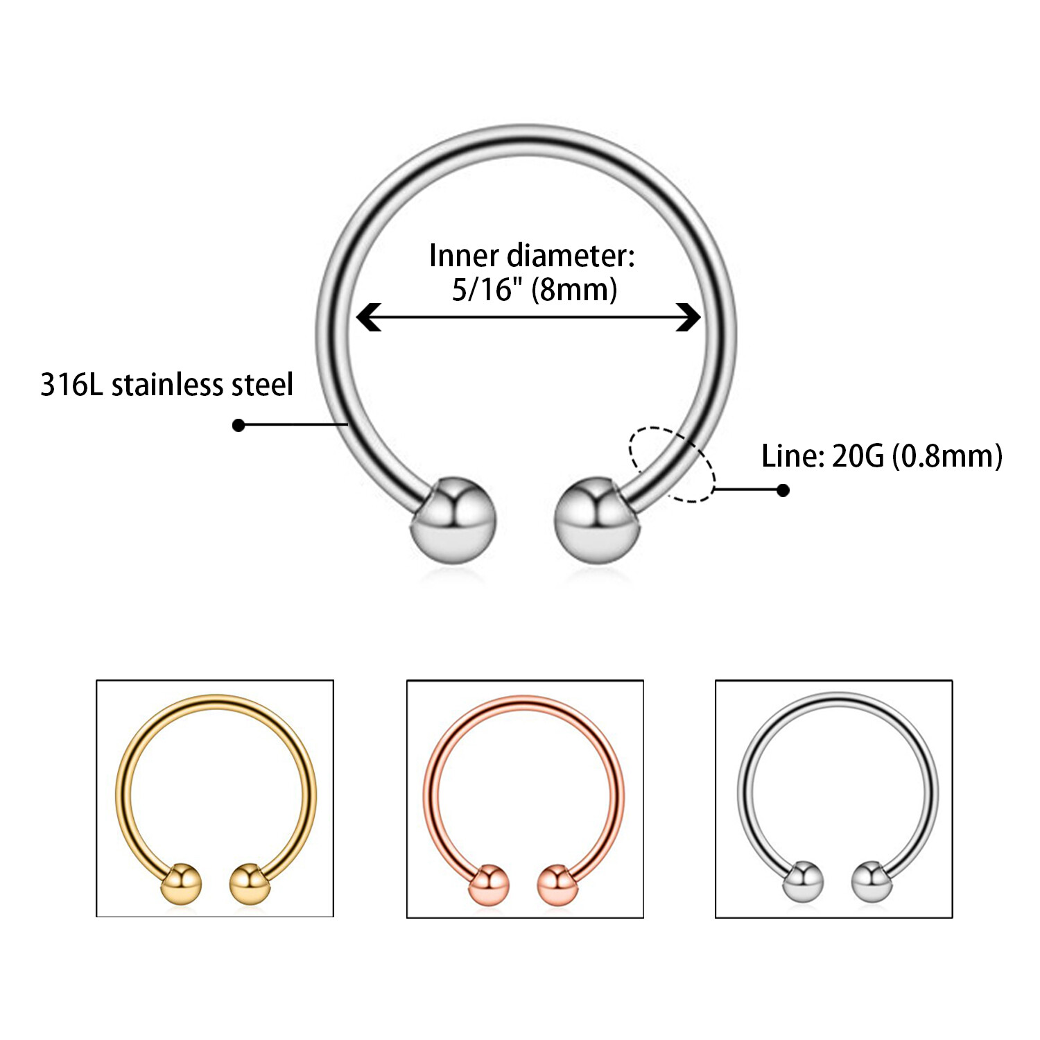 6Pcs 20G Horseshoe Septum Earrings Tragus Lip Nose Eyebrow Body Piercing Ring