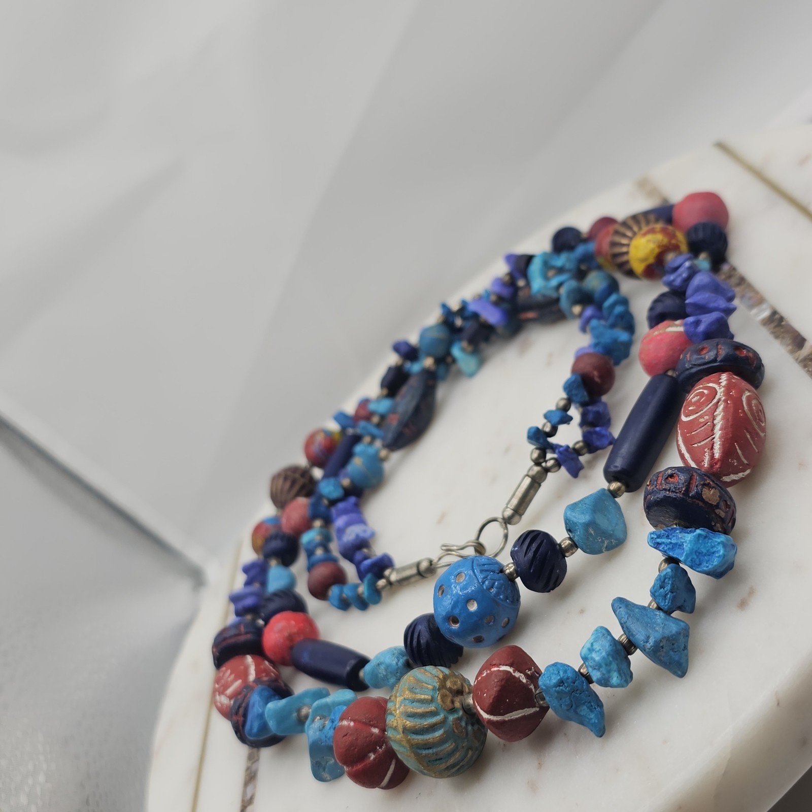 Vintage Artisan Beaded Necklace Mixed Media Tribal Ethnic 28″ Handmade Unsigned
