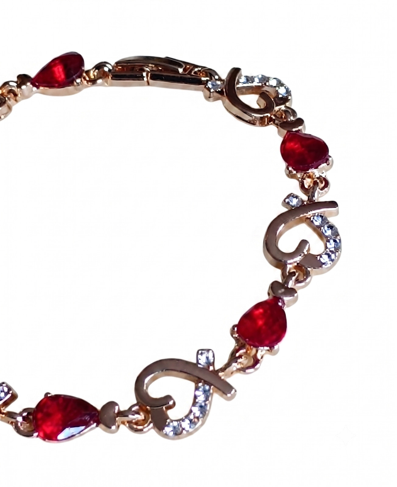 Gold Red Heart Diamante Jewel Link Bracelet Womens Jewellery Elegant UK Seller