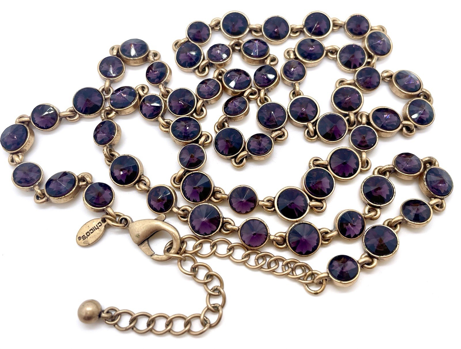 CHICO’S Long Rich Grape Purple Glass 9 mm Cab Necklace 33″ Plus Extender