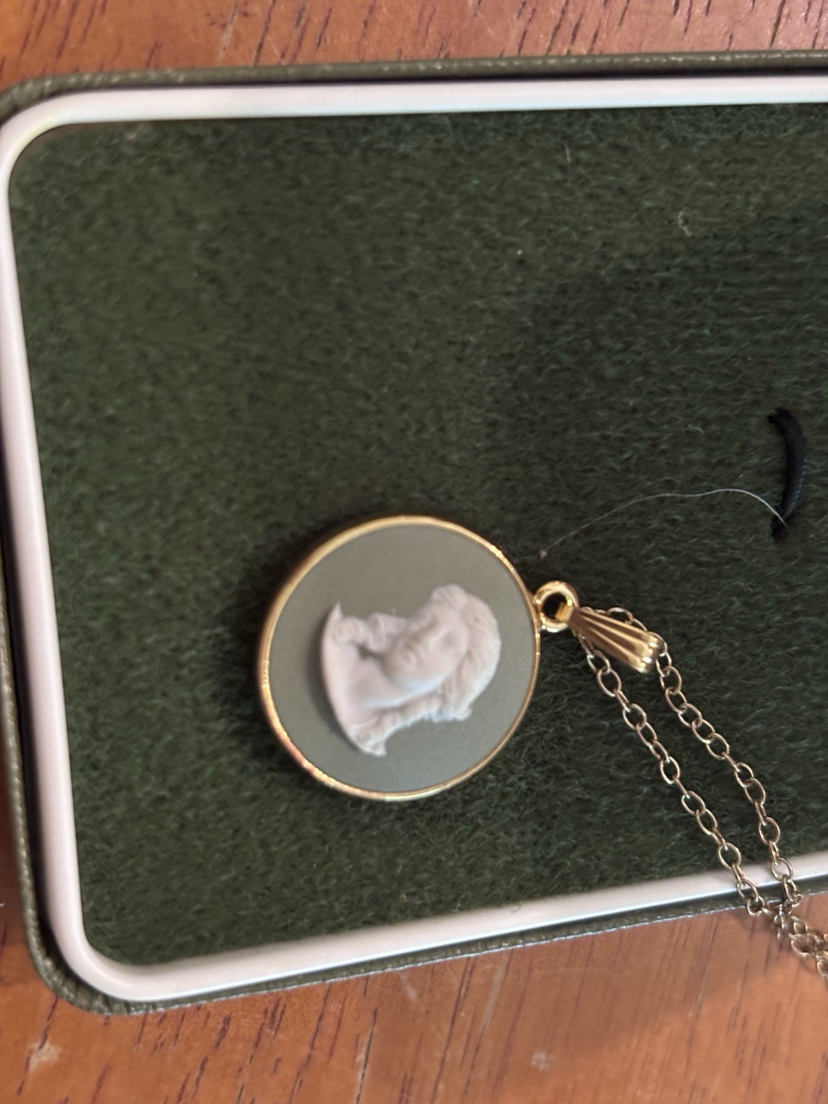 Wedgwood Jasper-ware Sage Cameo Pendant Necklace Green/White Oval Signed In Box