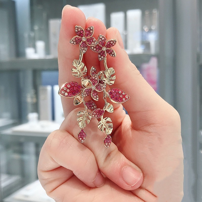 Swarovski Sweet Pink Blooming Flower Tassel Earrings Small Vine Flower Leaf