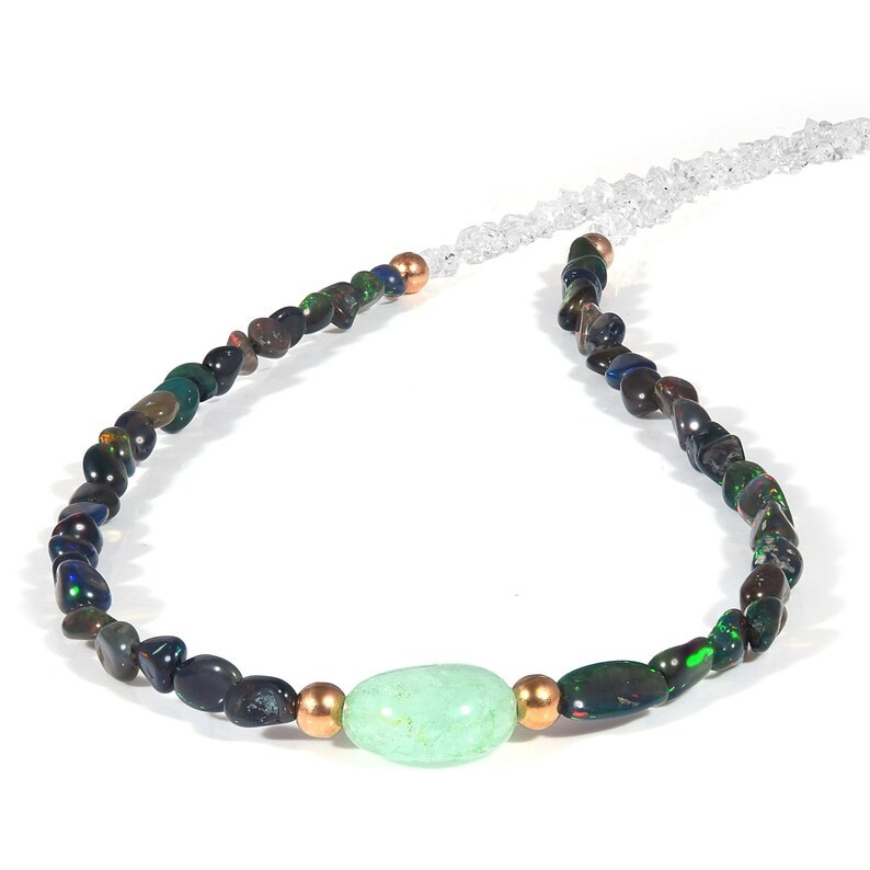 Natural Black Opal Herkimer Diamond Necklace 925 Sterling Silver Handmade Boho