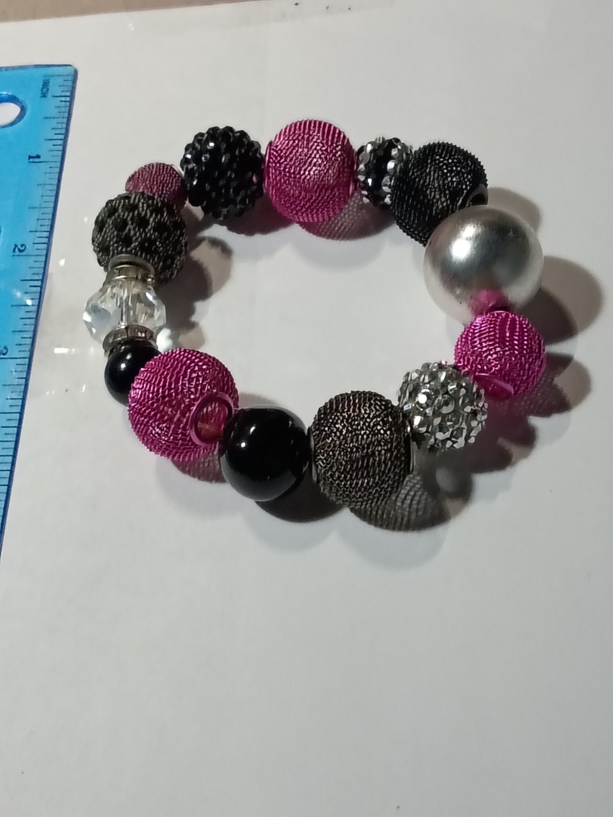 Pink Black Silver Tone Beaded Stretch Bracelet Clear Round Crystal Rhinestone