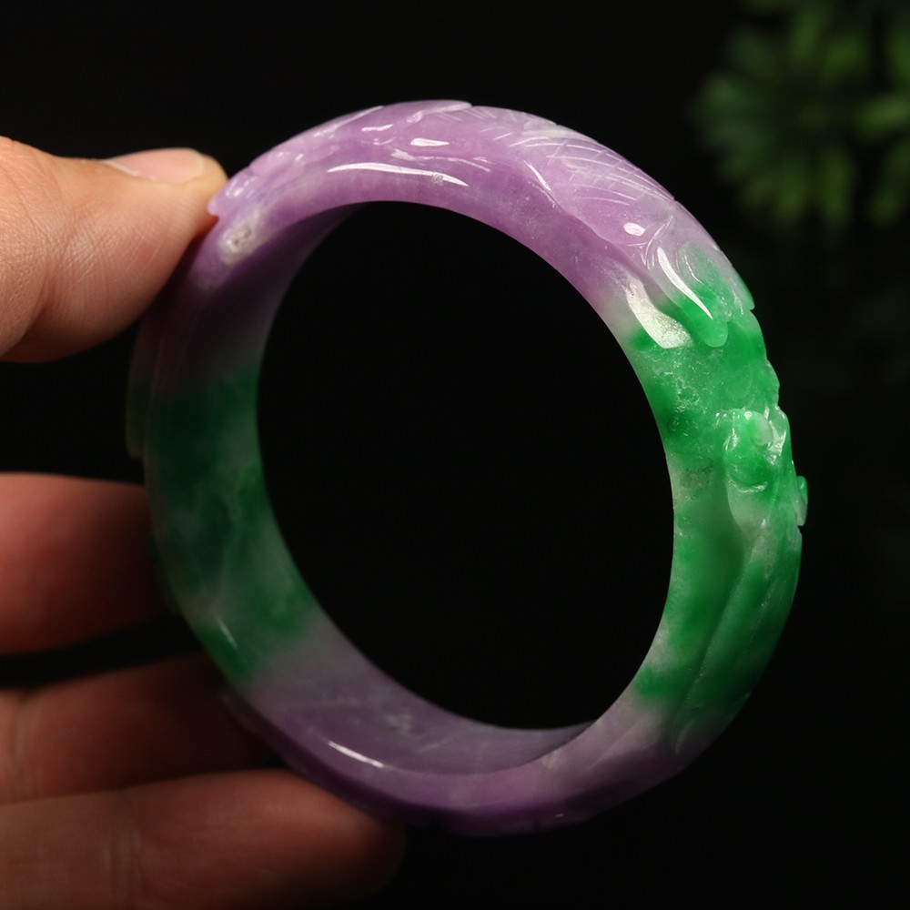 55mm Lavender Purple Green Jadeite Jade Bangle Bracelet Ruyi Fish Lotus A-14535