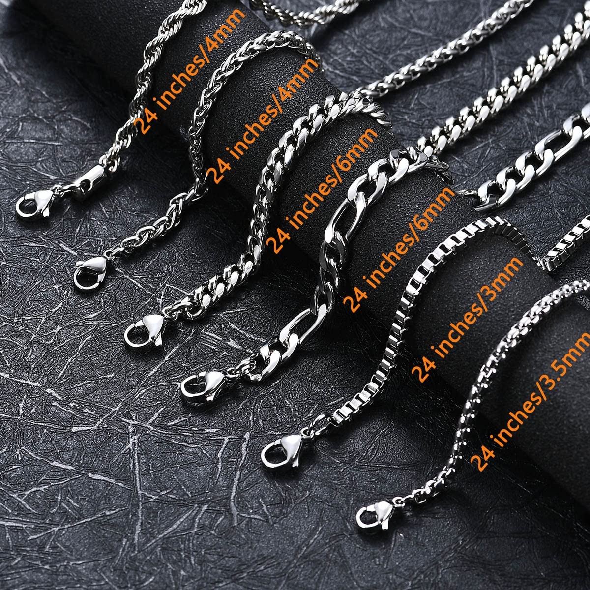 6 Pcs Silver Chains, Stainless Steel Cuban Link/Rope/Box/Figaro/Square Rolo – 03