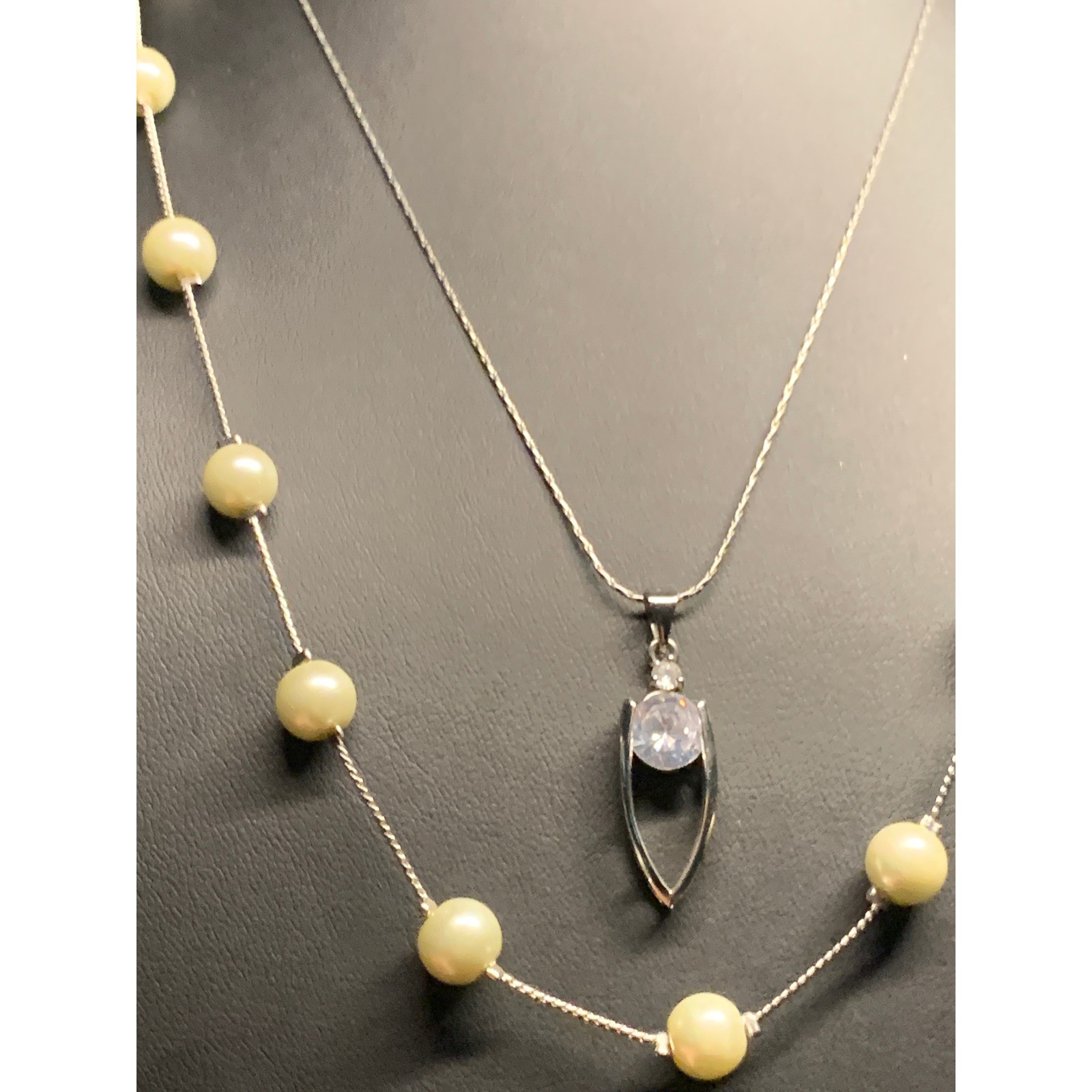 Silver Tone Layered Necklace Set Faux Pearl Station & CZ Solitaire Pendant