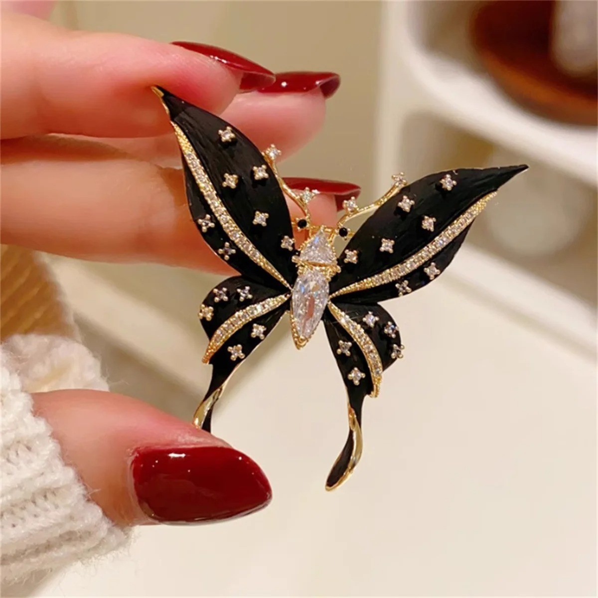 Vintage Black Enamel Butterfly Brooch Gold Tone Crystal Rhinestone Pin