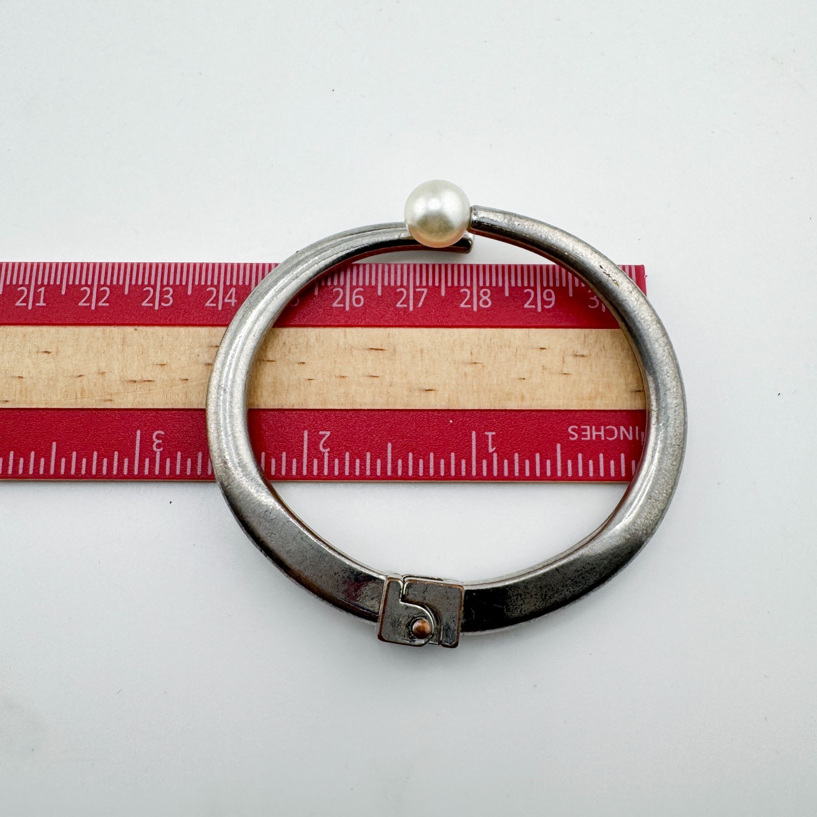 Vintage Silver Tone Open Ended Hinge Bangle Bracelet with Faux Pearl Accent