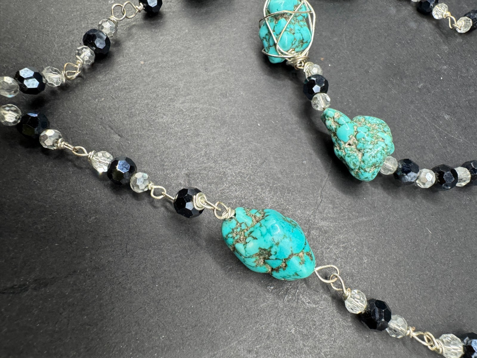 Vtg Handmade Turquoise Nugget & Crystal Necklace & Bracelet Jewelry Set