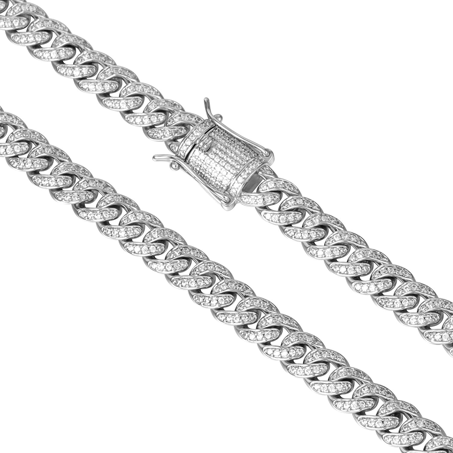 Men’s White Gold Plated Stainless Steel CZ Miami Cuban Link Chain Necklace 8mm