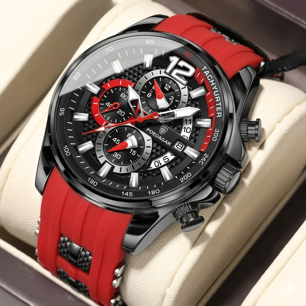Poedagar Men’s Luxury Chronograph Watch Red Silicone Sport Quartz Tachymeter
