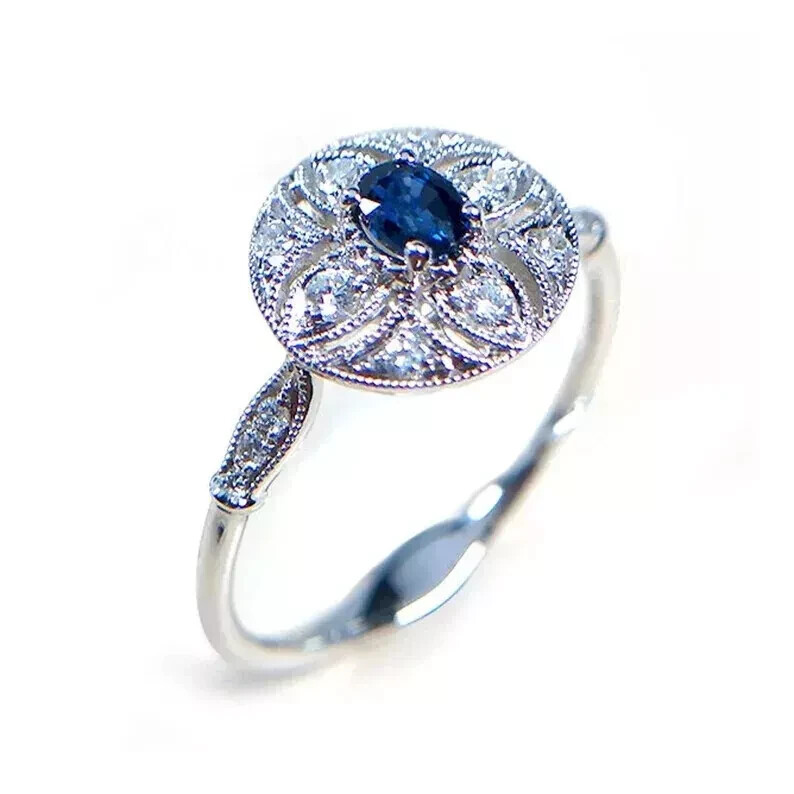 Art Deco Style Oval Sapphire Lab Created Diamond 14K White Gold FN Wedding Ring