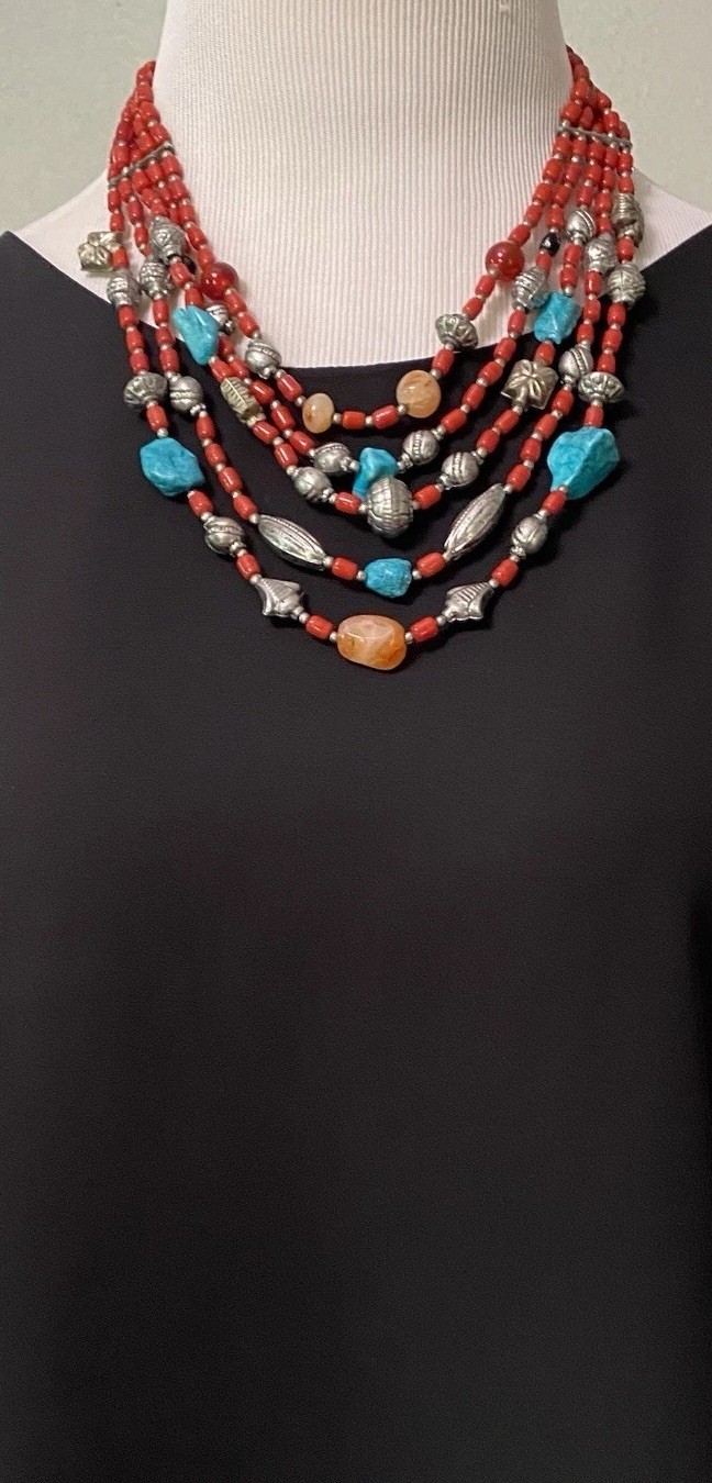 Vintage Necklace Layered Southwestern Faux Turquoise Glass Coral Genuine Agate