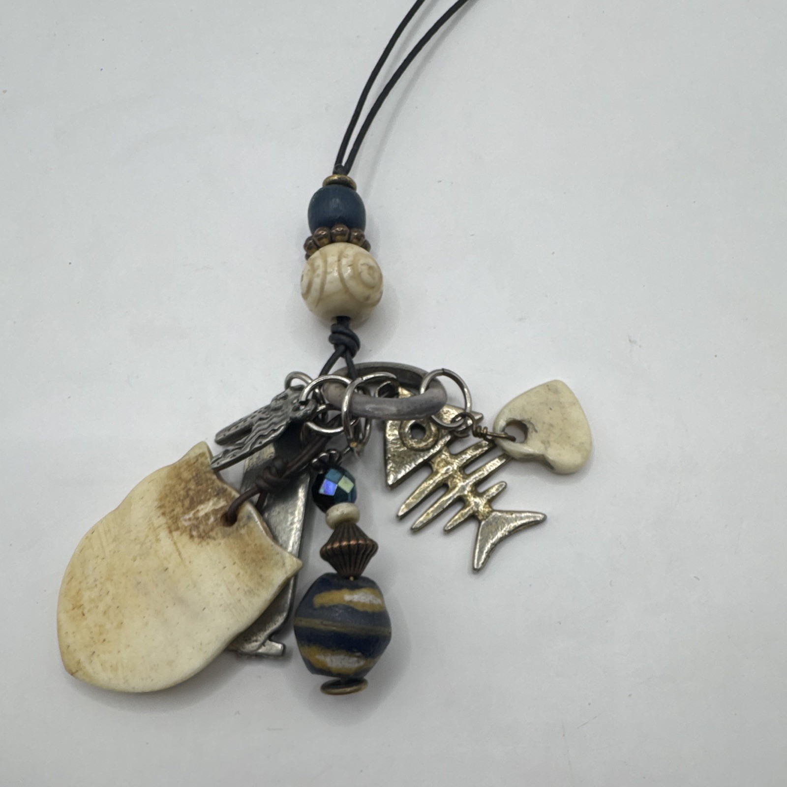 Handcrafted Bohemian Charm Pendant Necklace Ceramic Metal Cord Multicolor