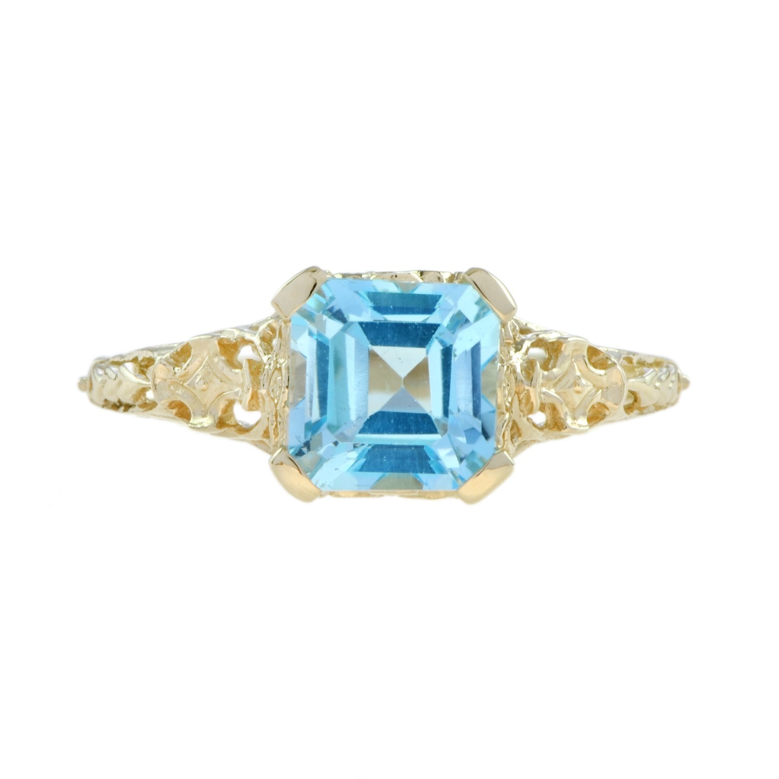 9K Yellow Gold Sky Blue Topaz Filigree Engagement Vintage Style Ring