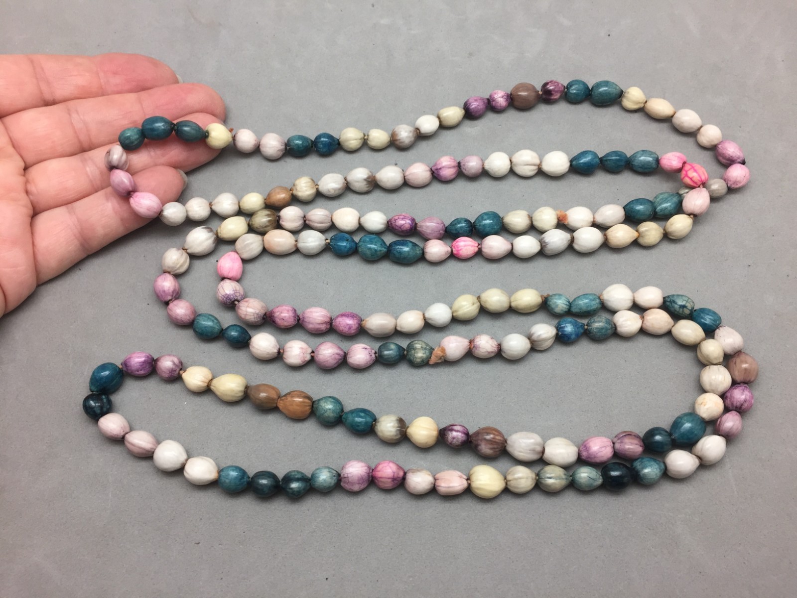 Vintage Multicolor Dyed Job’s Tears Seeds Beaded Necklace 67″ Continuous Wrap