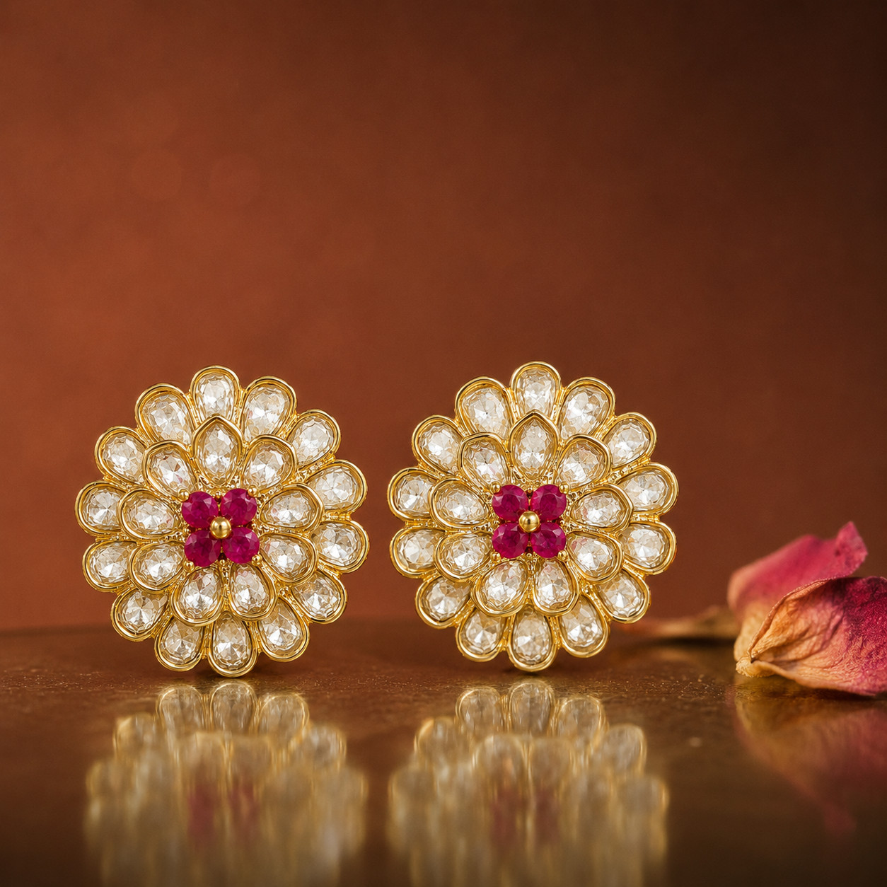 Polki Floral Stud Earrings Pink Tourmaline Gold Plated Indian Wedding Gift