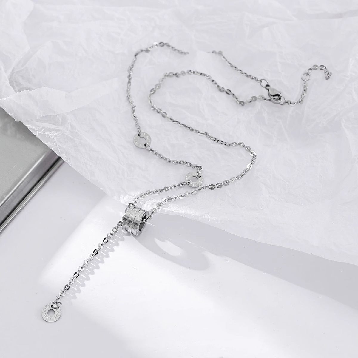 Bead Necklace Stainless Steel Silver Double Mixed Chain Unisex Basic Pendant