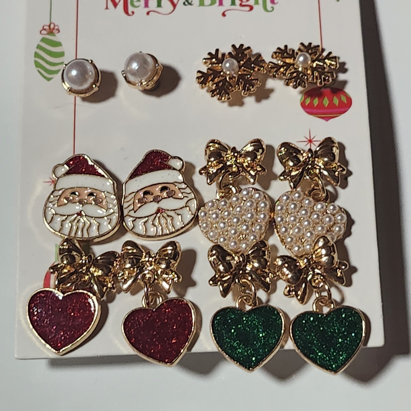 Christmas, Holiday, Santa, Snowflake, Earrings Set Hearts, Bows, Red, Green Cute