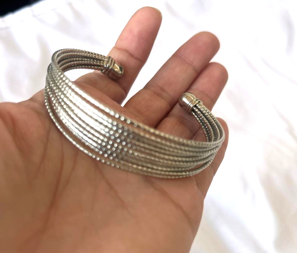 Elegant Silver Tone Multi-Layer Cuff Bracelet Open Bangle Textured Statement Jew