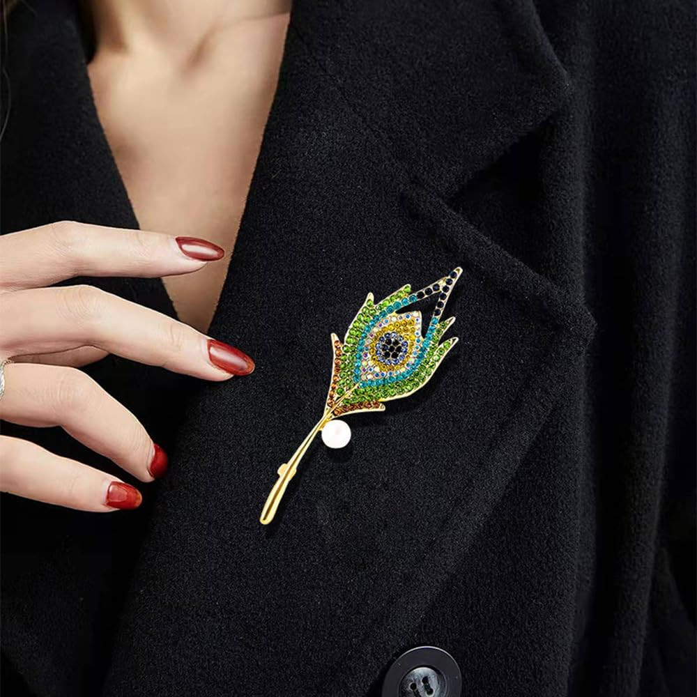 Vintage Peacock Feather Green Rhinestone Brooch Pin