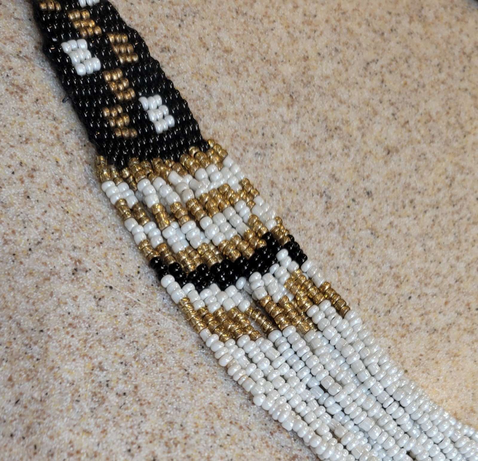 16 Strand Waterfall Necklace Black White Gold Seed Beads Beaded Vintage 22in