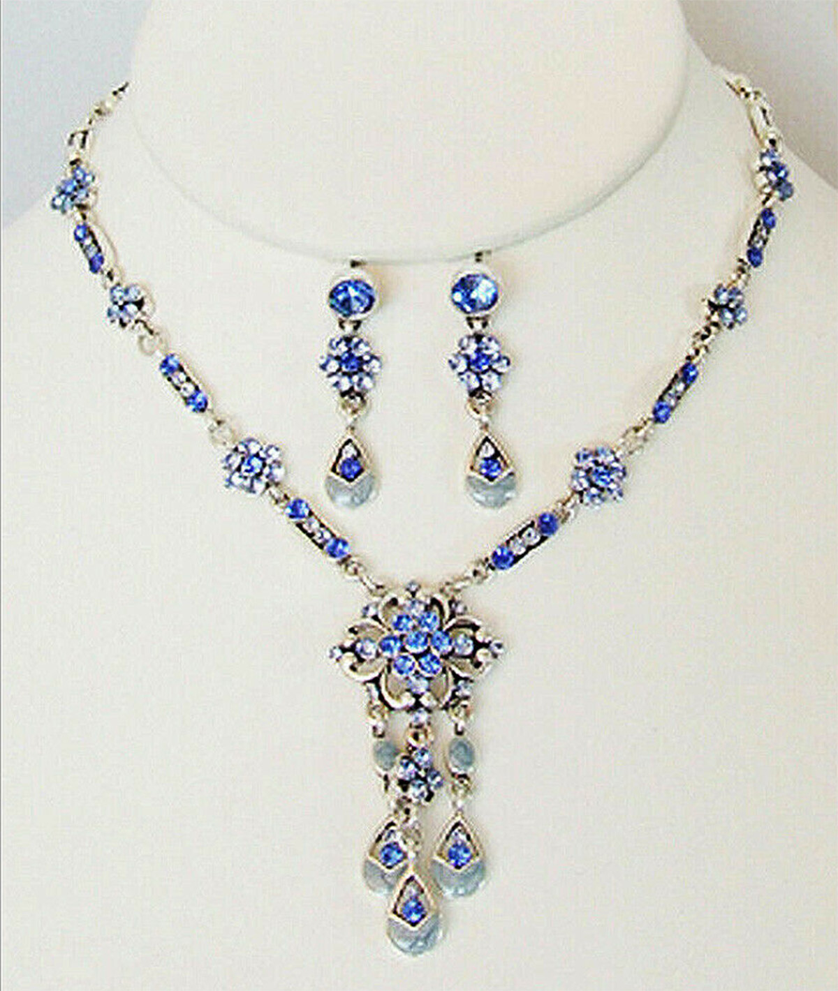 DESIGNER INSPIRED 18in BLUE or GOLD CRYSTAL SILVER NECKLACE EARRINGS JEWELRY SET