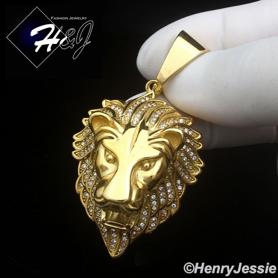 MEN’s Stainless Steel ICY Bling CZ 3D Gold Plated Lion Face Pendant*GP147