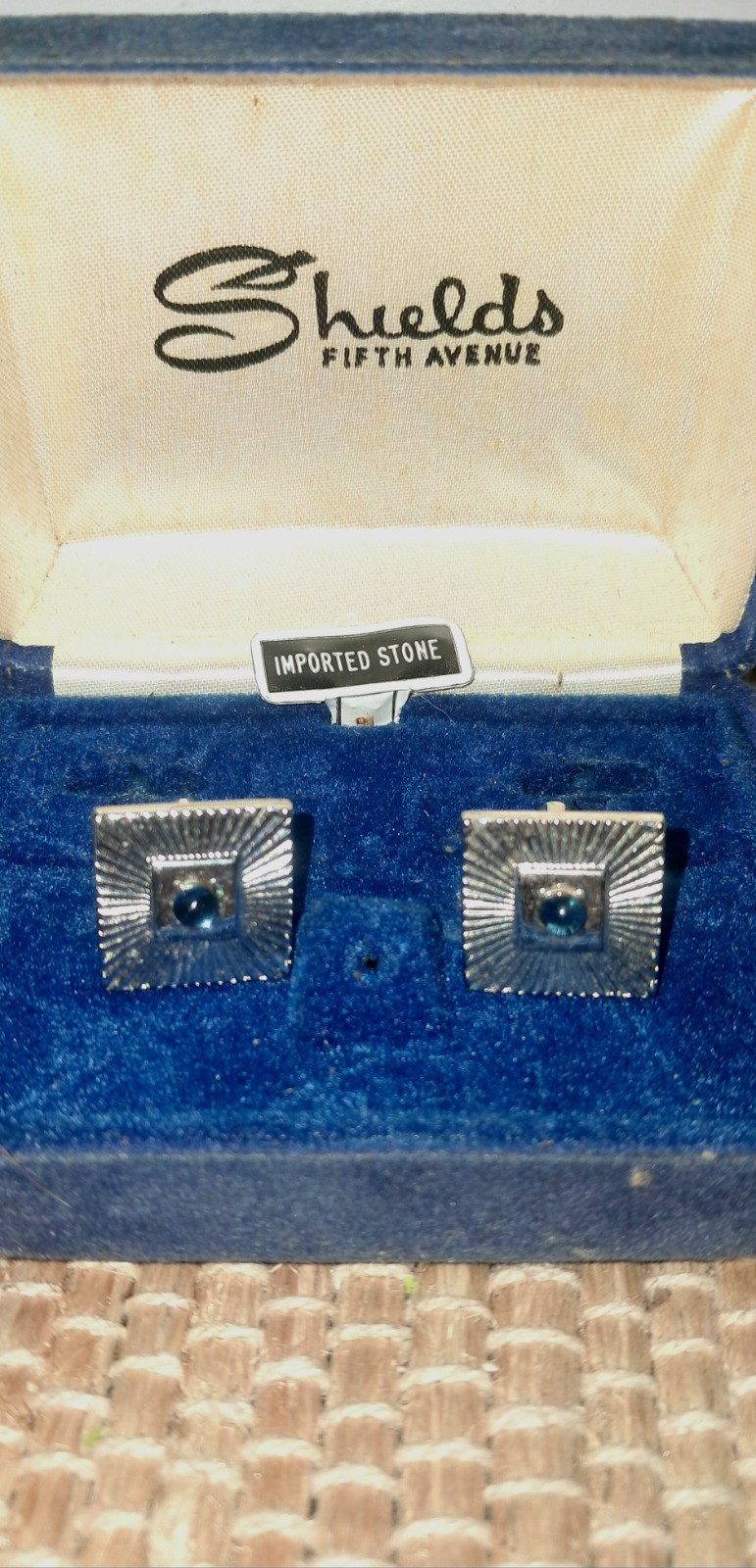 Vintage Shields Fifth Avenue Square Silver Tone Cufflinks With Blue Gem Accents