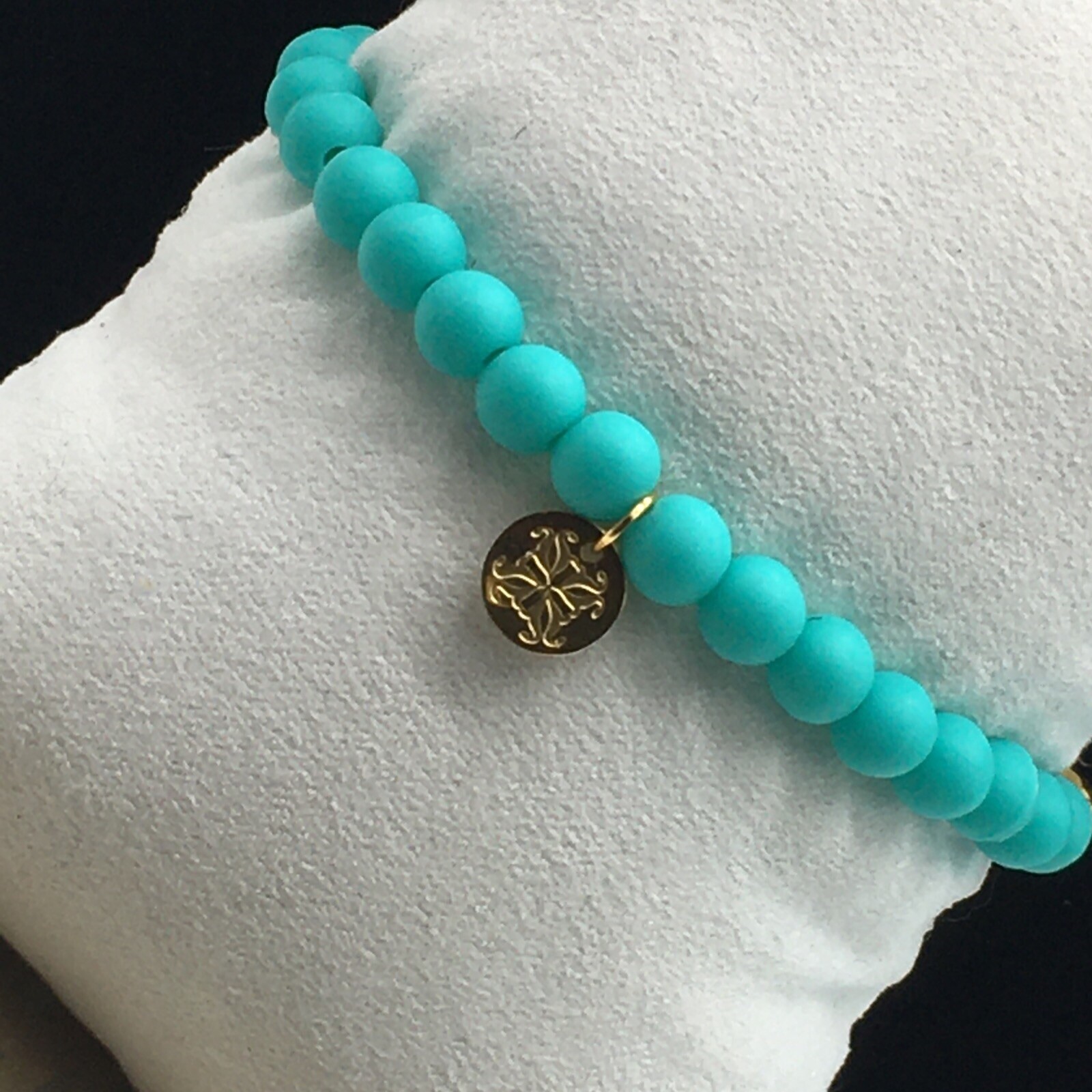 Rustic Cuff Mini Melanie Gold Tone Bracelet Teal Silicone Beaded Charm Logo