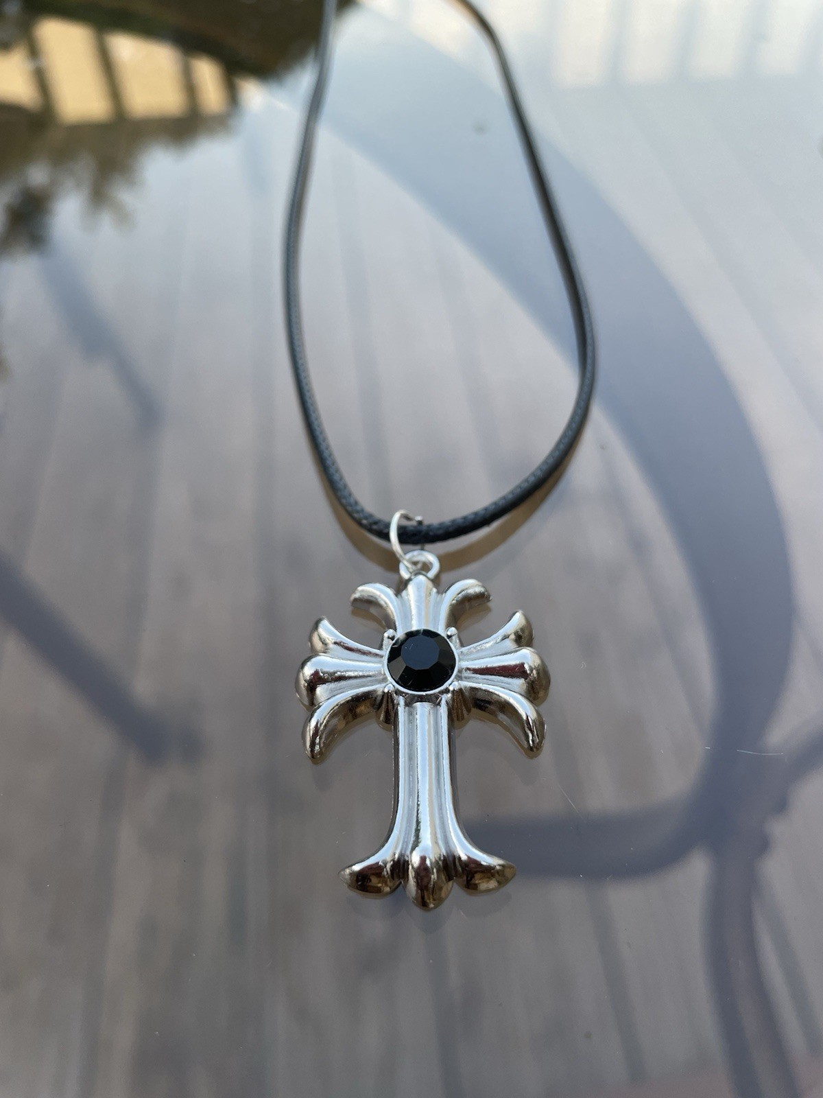 Handmade Y2K Punk Silver Black Cross Gothic pendant PU leather necklace