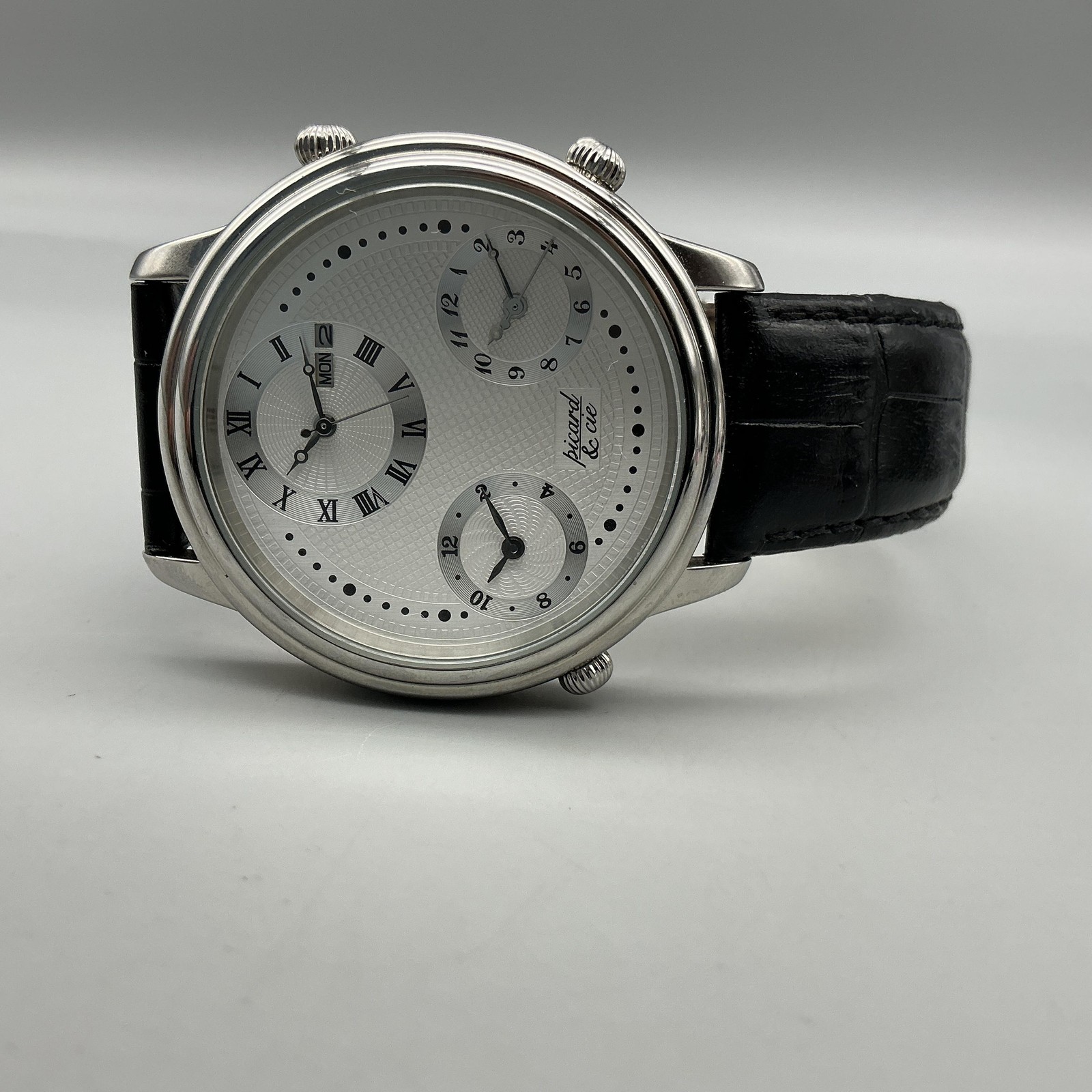 Picard & Cie Mens Watch 45mm Silver Tone Multi Dial Day Date New Battery