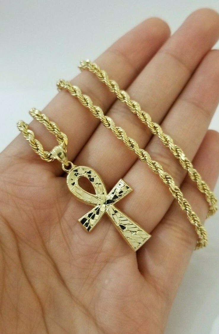 REAL 10k Yellow Gold Rope Chain Ankh Cross Charm Pendant 3mm Necklace Set 16-26″