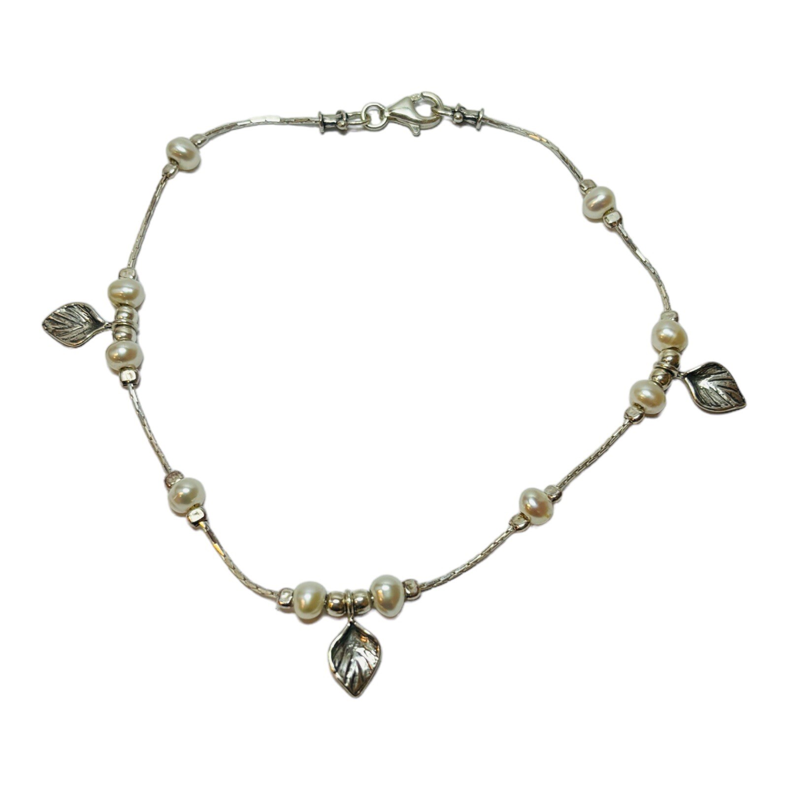 Or Paz Sterling 925 Silver Pearl Leaf Anklet Bracelet 9 in