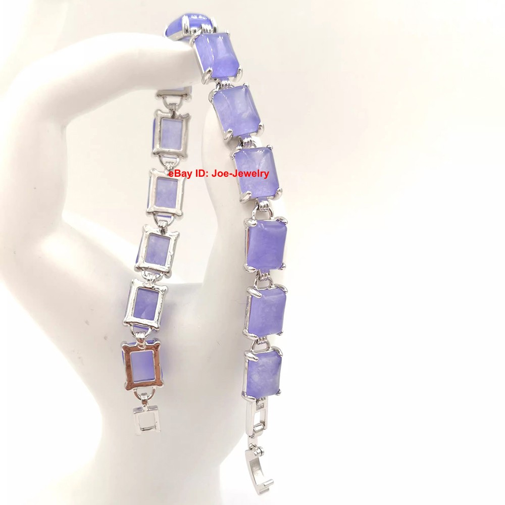 NEW White-Plated Alloy 9mm Rectangle Purple Jade Women’s Bracelet 7.6inch
