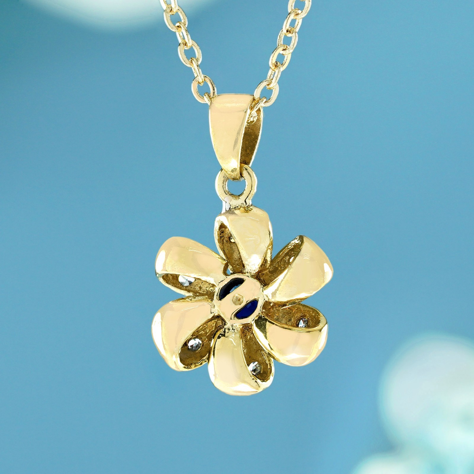 9K Yellow Gold Natural Sapphire Diamond Floral Shape Vintage Style Pendant