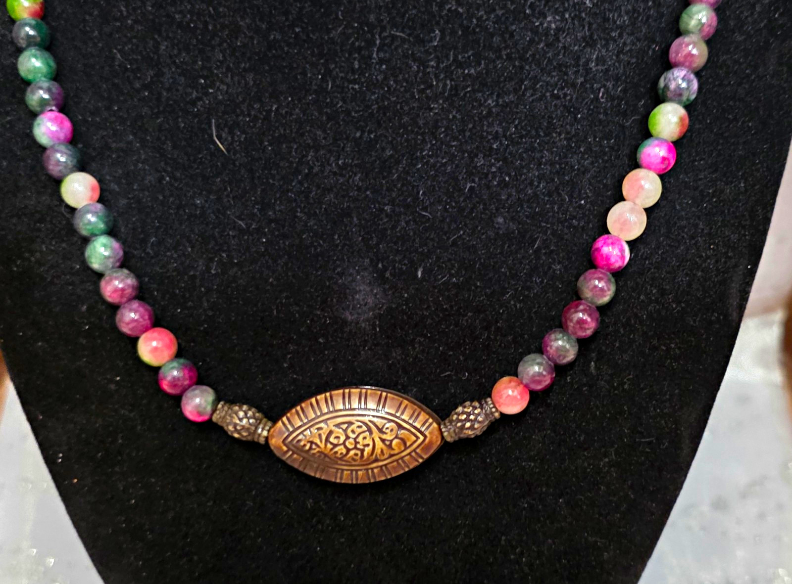 Multicolor Glass Beaded Necklace Ball/Bead Chain with Oval Metal Charm