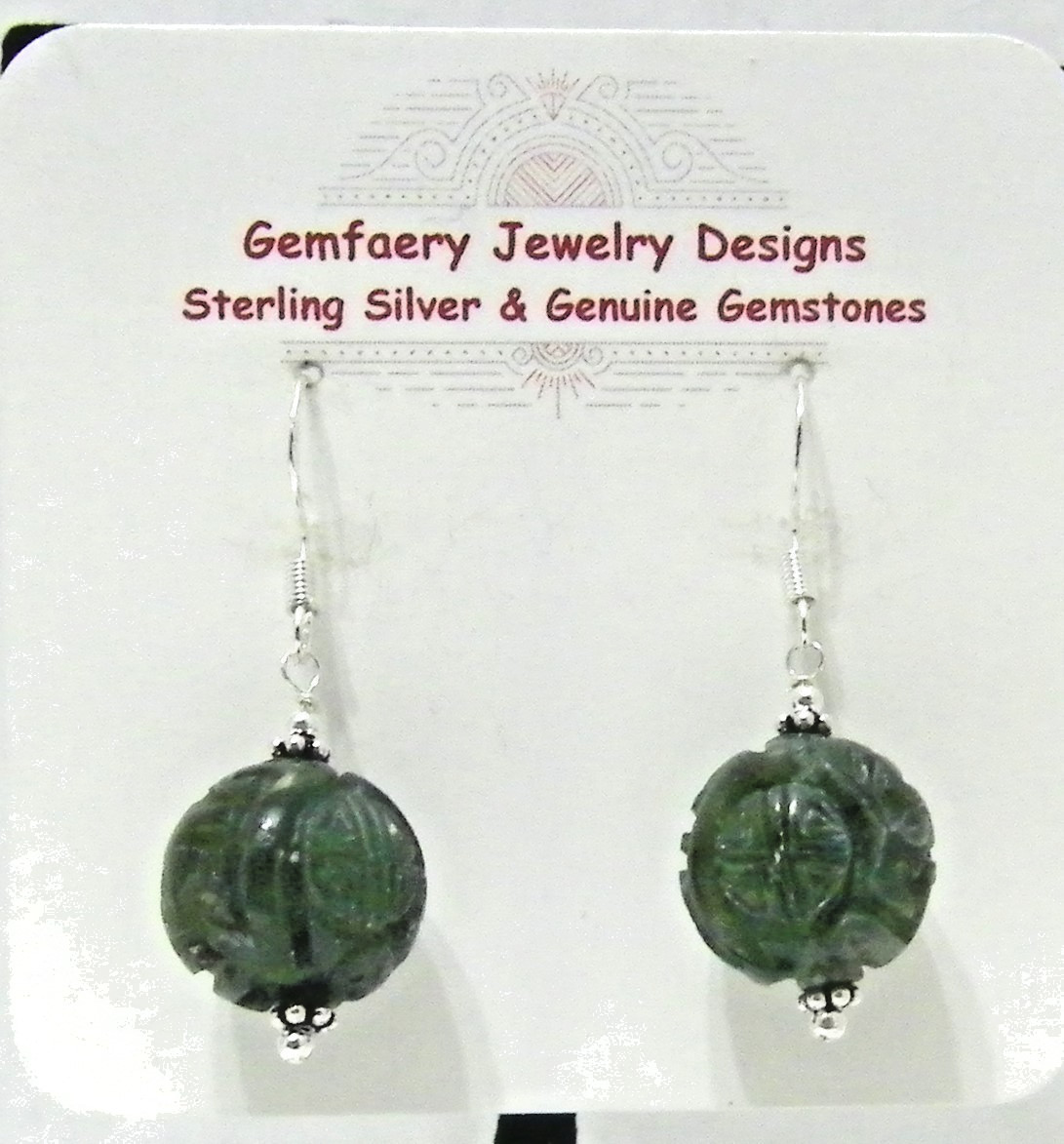 Sterling Silver Carved Natural NEPHRITE JADE Dangle Earrings #31…Handmade USA