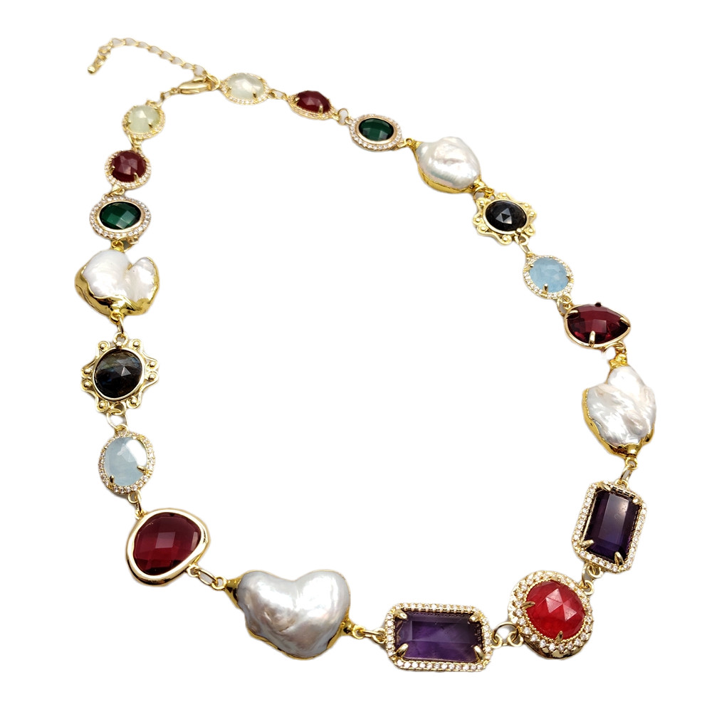 Unique Multi Color Stone Crystal Cultured White Pearl Choker Necklace Handmade