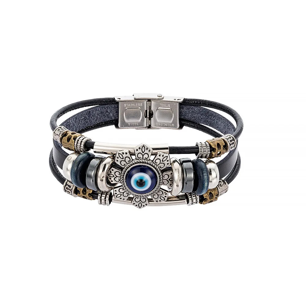 Punk Turkish Evil Eye Stainless Steel Bend Multilayer Leather Bracelet Man Woman