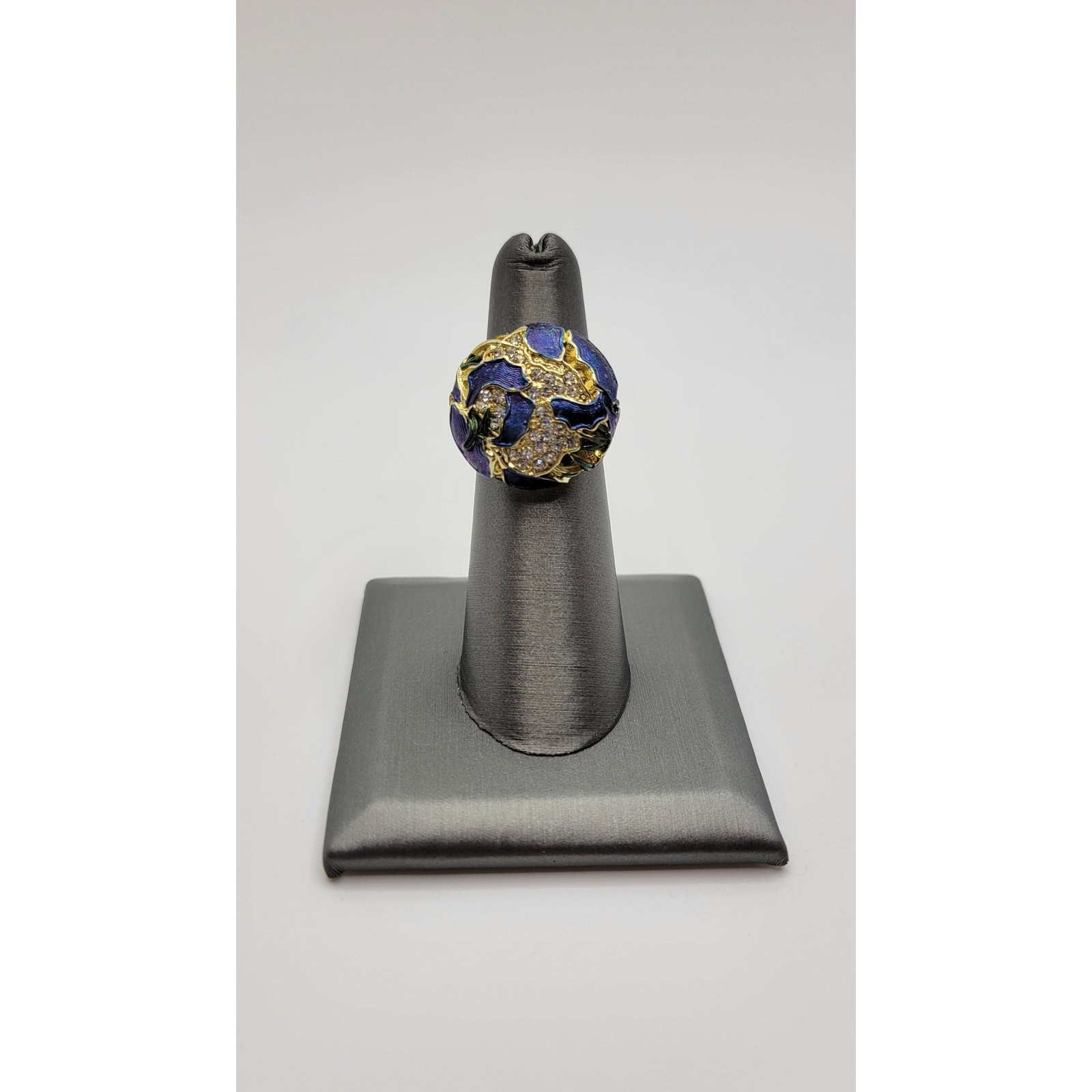 Cobalt Blue Iris Crystal Statement Dome Ring Rhinestones Pinky Size 5.5 Flower