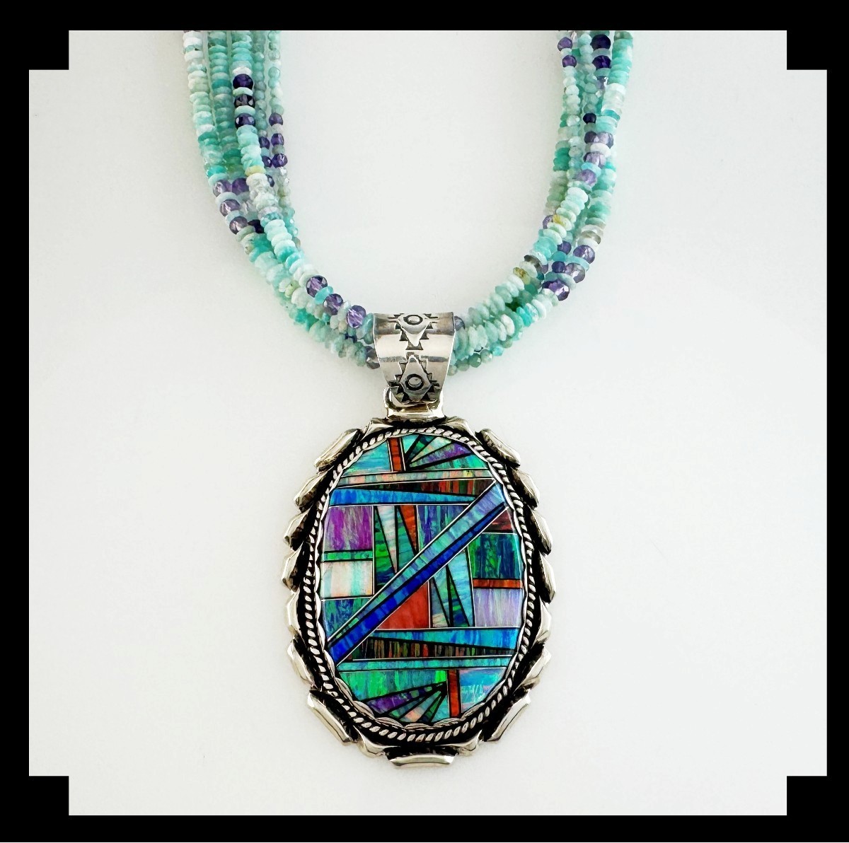 White Fox Creation: Dazzling Opalite Inlay Pendant on Gemstone Necklace