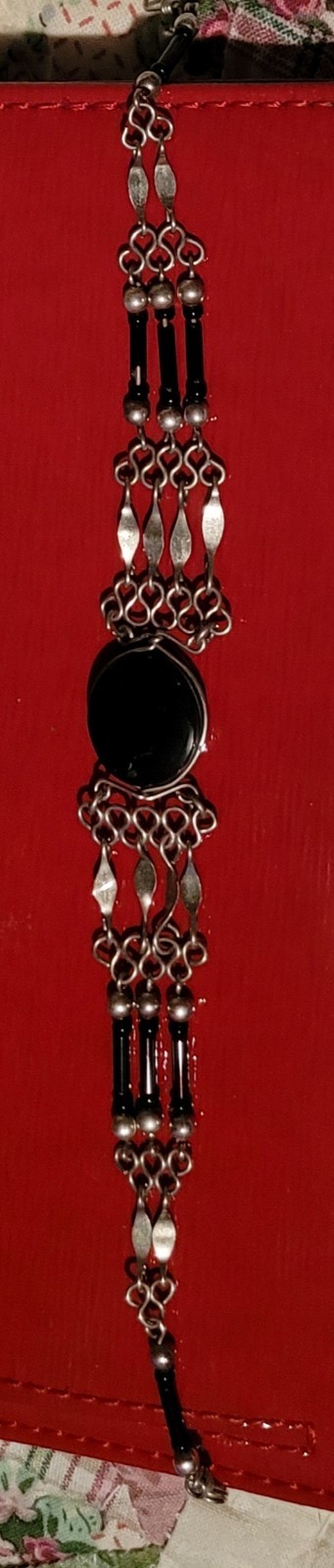 Vintage Artisan Silver & Black Stone Beaded Intricate Chain Bracelet 8.25 in