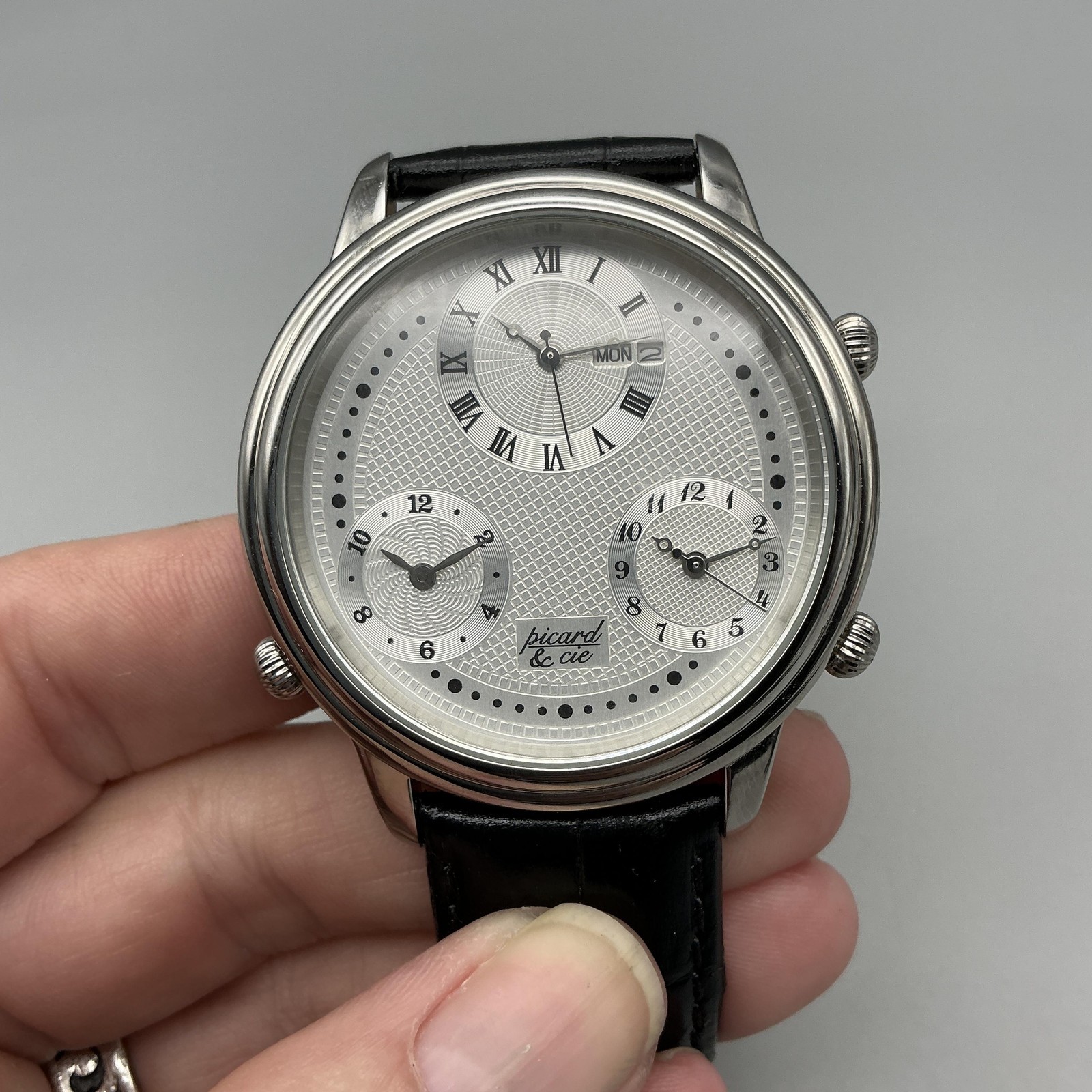 Picard & Cie Mens Watch 45mm Silver Tone Multi Dial Day Date New Battery