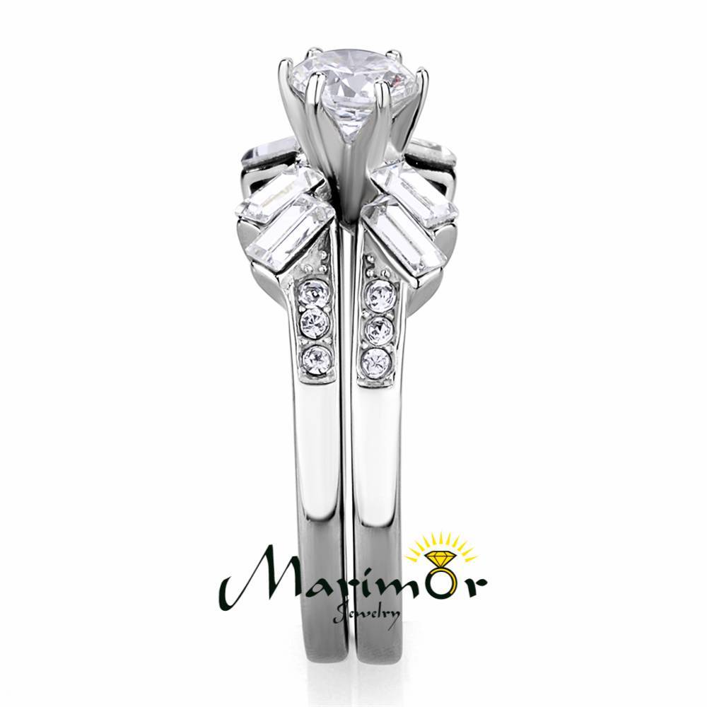 1.65 Ct Round & Baguette Cut CZ Stainless Steel Wedding Ring Set Women’s Sz 5-10